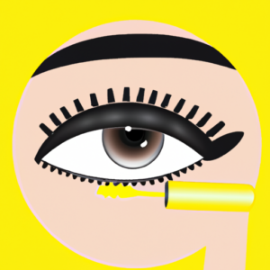 A woman's eye with a mascara wand hovering over it, with a yellow circle around the eye.