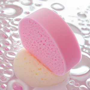 A pink makeup sponge floating in a pool of water droplets.