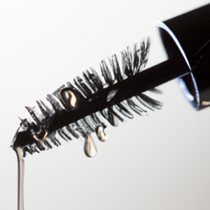 A close-up of a mascara wand dripping with water droplets.