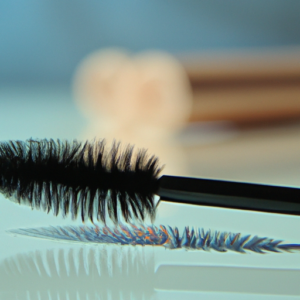 A close-up of a mascara wand with wispy lashes in the background.