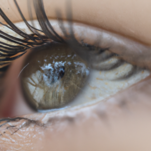 A close-up of an eye with long curled eyelashes.