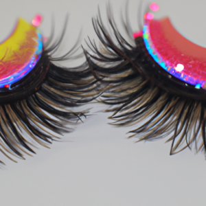 A close-up of a pair of bright, colorful, and sparkly false eyelashes.