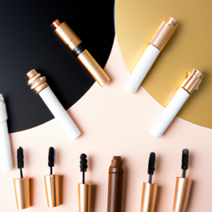 White, rose gold, and black mascara tubes arranged in a circle with a rose gold background.