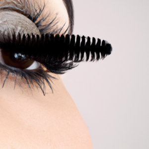 A close-up of an eye, with long, voluminous lashes and a makeup brush in the corner.