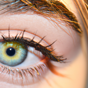 A close-up of a colorful, natural-looking eye with long lashes.