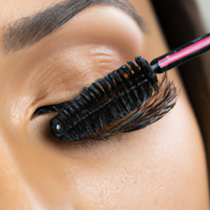 Close-up of a mascara wand applied to a set of long, curled eyelashes.