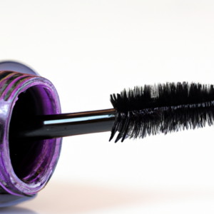 A close-up of a colorful tube of mascara against a white background.