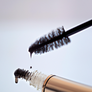 A close-up of a mascara wand dipped in a tube of mascara, with long lashes visible in the background.