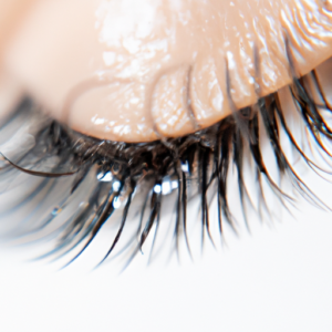 A close-up of a pair of long eyelashes with a drop of mascara at the tip.