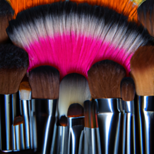 Suggestion: A close-up of a variety of colorful makeup brushes arranged in a fan shape.