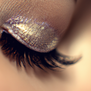 A close-up of long, curled eyelashes with a bright, shimmery eye shadow background.