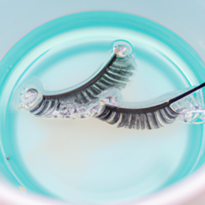 A close-up of a pair of reusable eyelashes in a bowl of soapy water with a cleaning brush.