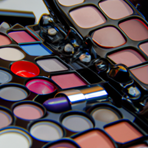 An open compact makeup case with multiple colors of eye shadow and lipsticks