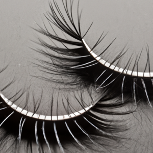 A close-up of a pair of false eyelashes, with fine detail showing the individual strands.