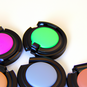 A close-up of a selection of highlighter compacts in a range of colors against a white background.