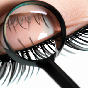 A close-up of a pair of eyelashes with a magnifying glass hovering over them.