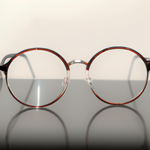 A pair of eyeglasses with an eye-shaped reflection in the lens.