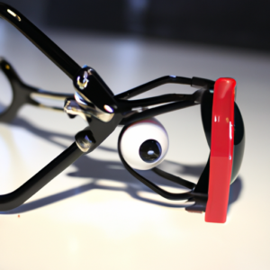 A close-up of an eyelash curler, with red and black accents.