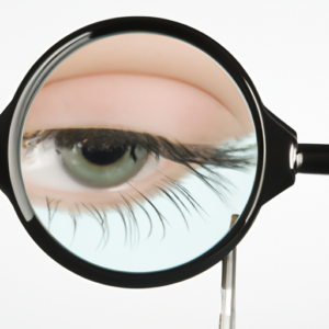 A magnifying glass hovering over a pair of eyelashes.