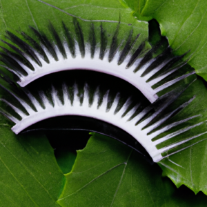 A pair of false eyelashes against a background of lush green foliage.