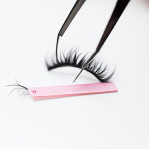 A pair of tweezers pulling off a strip of false eyelashes.