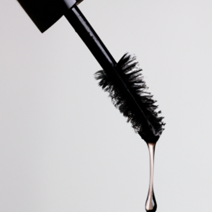  A close-up of a mascara wand with dripping black liquid.