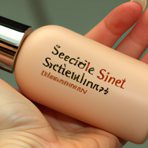 A close-up of a woman's hand holding a bottle of makeup, with a tag on the bottle showing the words \