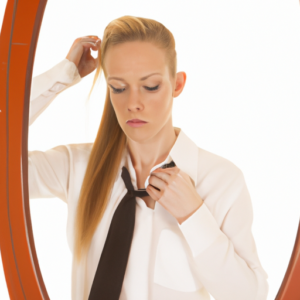 A woman looking in the mirror, adjusting her tie and smoothing her hair.