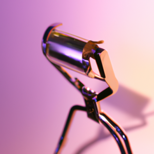 A close-up of a silver eyelash curler with a reflection of pink light.