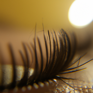 A close-up of a set of long, curled eyelashes with a warm, golden background.