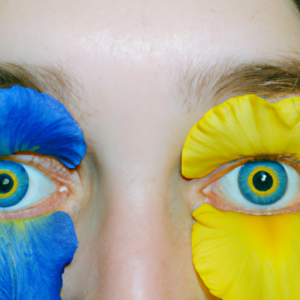 A pair of eyes, with bright yellow and light blue irises, in close-up view.