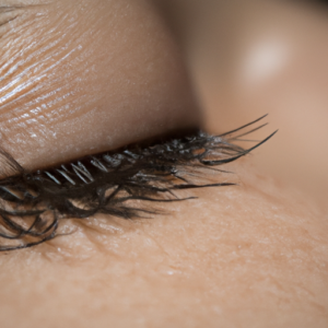 A close-up of a pair of long, lush eyelashes.