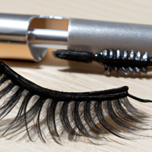 A close-up view of a pair of false eyelashes with a mascara wand beside it.