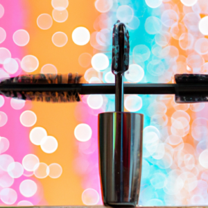 A close-up of a mascara brush with a colorful background.