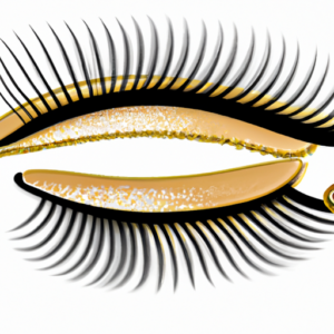 A pair of dramatically long mink eyelashes curling around a golden eye-shaped outline.