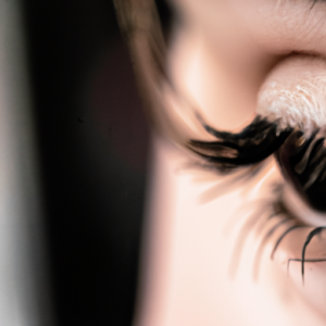 A closeup of a single eye with dramatic, curled eyelashes.