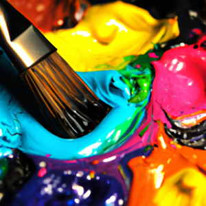 A close-up of a brush dipping into a palette of bright, glowing colors.