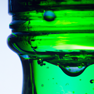 A close-up of a glass bottle filled with a clear liquid, with bright green or blue liquid droplets suspended inside.