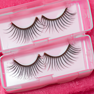 A close-up of a pair of false eyelashes in a pink, airtight storage container.