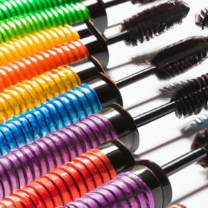 A close-up of a variety of colorful mascara tubes arranged in a rainbow pattern.