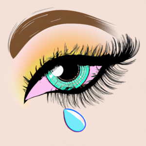 Brightly colored eye with long eyelashes, with a drop of liquid dripping from the lashes.