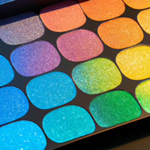 A glittery eye shadow palette, reflecting light in a spectrum of rainbow colors.