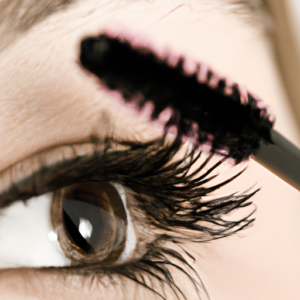 A close-up of an eye with Maybelline mascara being applied.