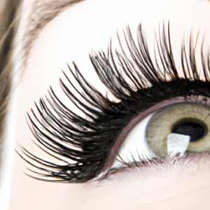 A close-up of a pair of eye lashes with mascara applied.