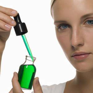 A woman holding a jar filled with a green liquid and a pipette.