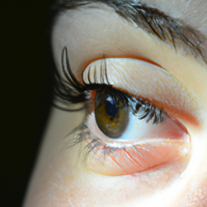 A close-up of an eye with long, lush lashes.