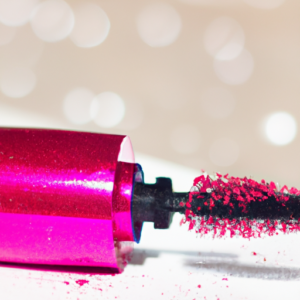 A bright pink mascara tube with sparkles around it.