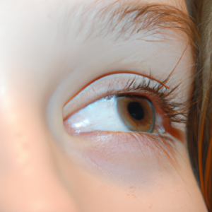 A close-up of a pair of eyes with long, dark, curled eyelashes.