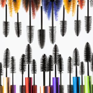 A close-up of a variety of colorful mascara tubes arranged in a fan-like pattern.